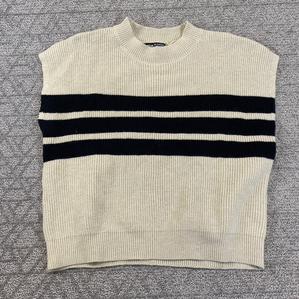 Knit Vest Top Sleeveless Mock Neck Cream Black Striped Womens